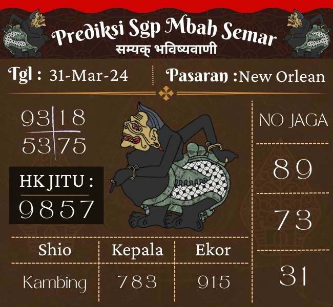 Prediksi SGP Mbah Semar Hari Ini 31 Maret 2024 