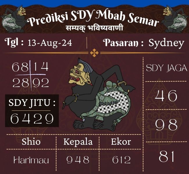  Prediksi Togel SDY Mbah Semar  Hari Ini 13 Agustus 2024
