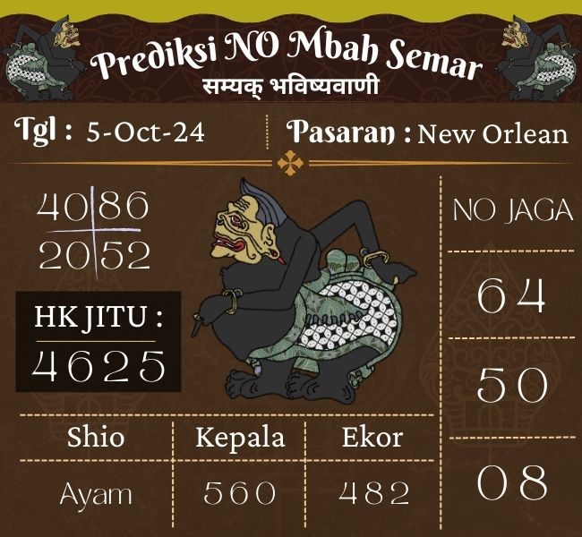 Prediksi Togel NEW ORLEAN Mbah Semar Hari Ini 5 Oktober 2024
