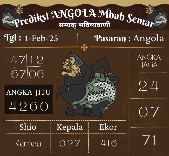 Prediksi Togel Angola Mbah Semar Hari Ini 01 februari 2025 
