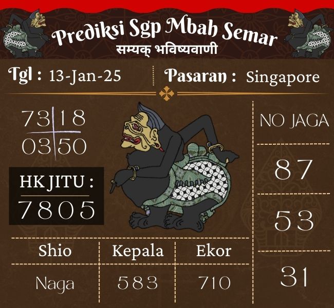 Prediksi Togel Singapore Mbah Semar Hari Ini 13 Januari 2025 
