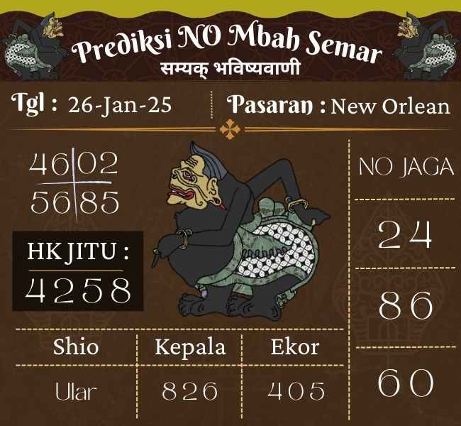 Prediksi Togel New Orlean Mbah Semar Hari Ini 26 Januari 2025 
